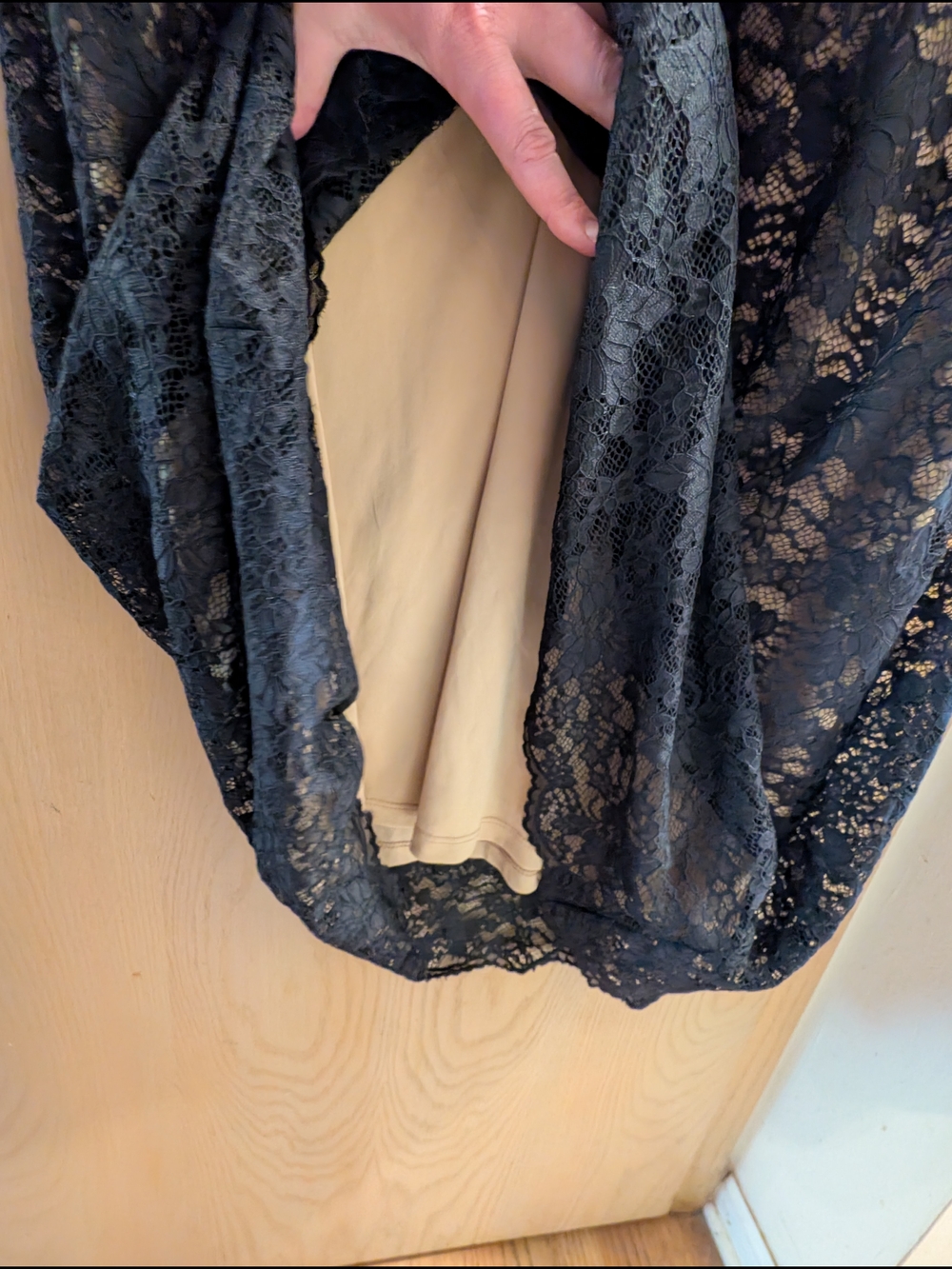 Kiyonna Lace V-Neck Overlay Dress in Black/Beige - Picture 3 of 6